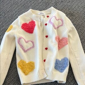 Lola + The Boys White Sweater with Colorful Heart Accents